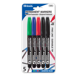 Fine Tip Assorted Color Permanent Markers w/ Pocket Clip (5/Pack)