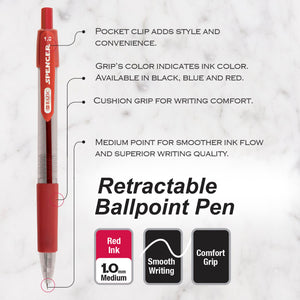 Spencer Red Retractable Pen w/ Cushion Grip (5/Pack)