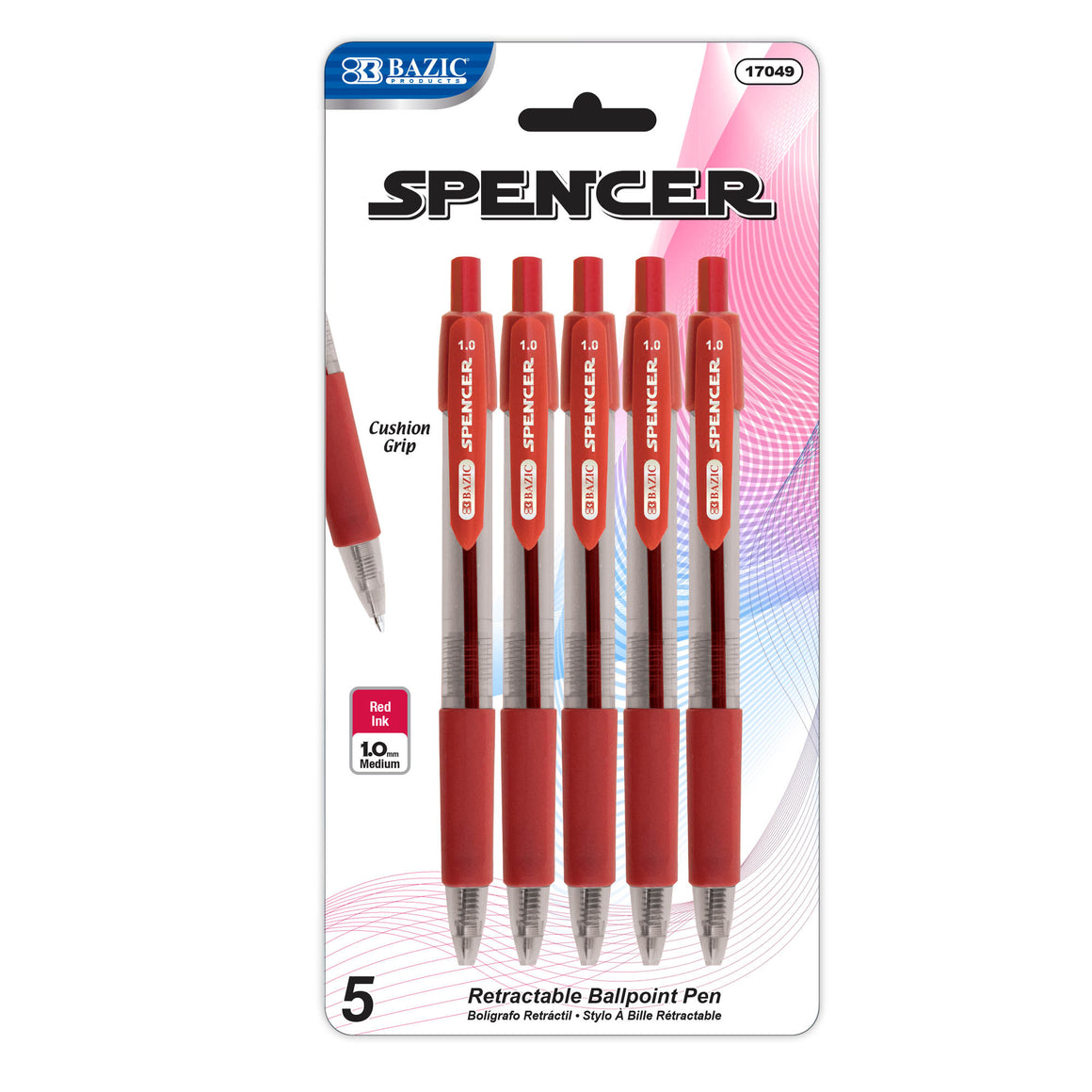 Spencer Red Retractable Pen w/ Cushion Grip (5/Pack)