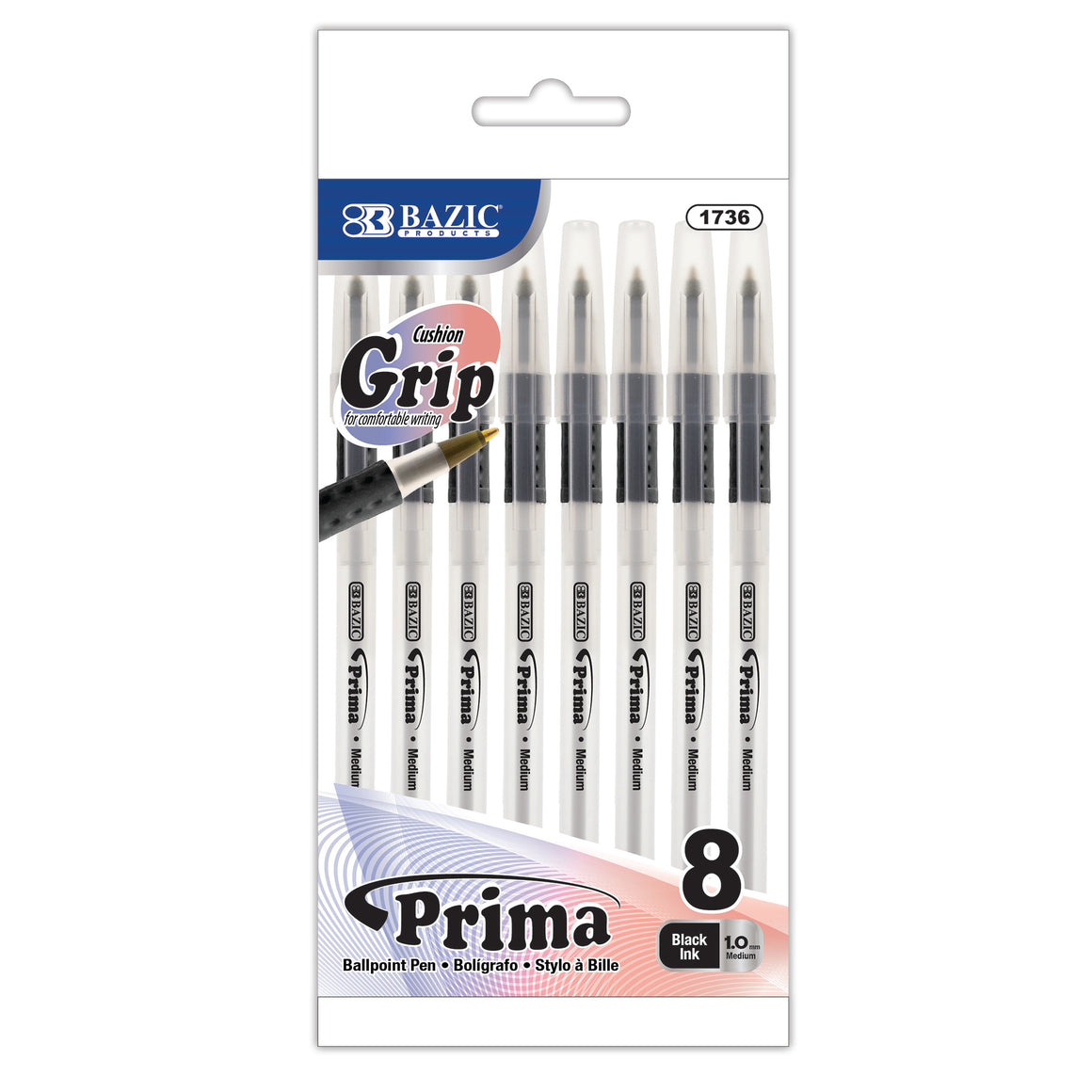 Prima Black Stick Pen w/ Cushion Grip (8/Pack)