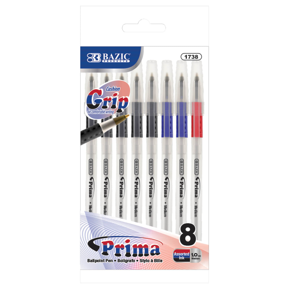 Prima Assorted Color Stick Pen w/ Cushion Grip (8/Pack)