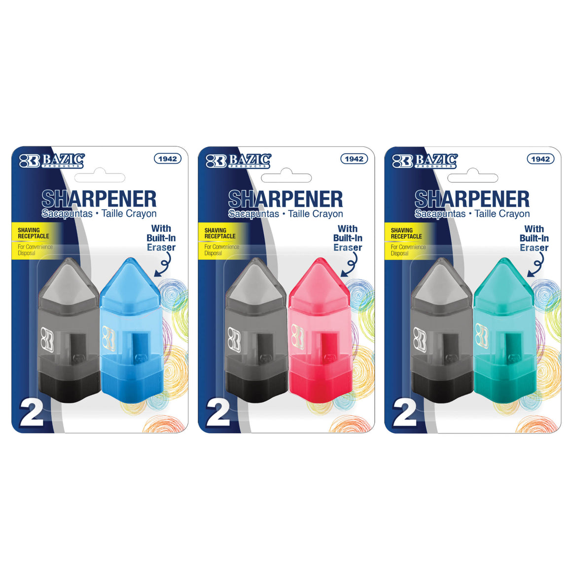 Rex Sharpener w/ Receptacle + Eraser (2/Pack)