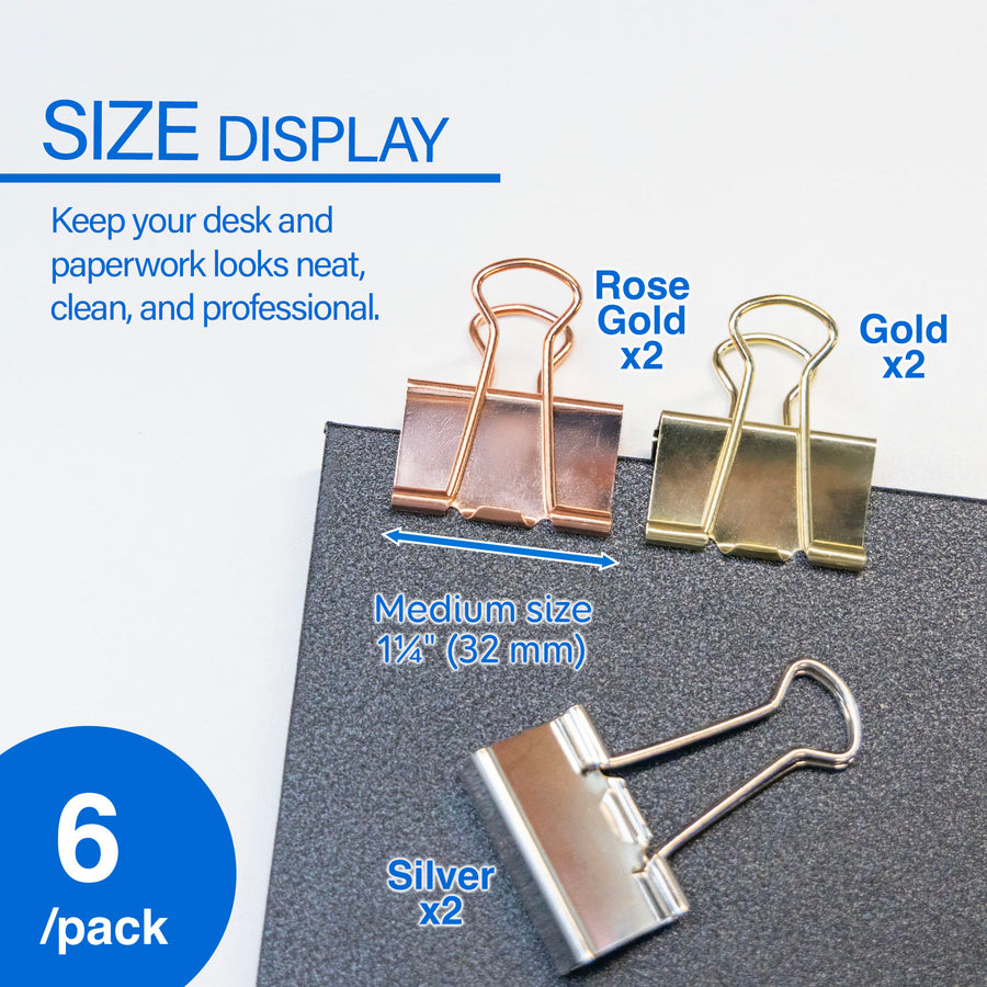 Medium 1 1/4" (32mm) Assorted Color Metallic Binder Clip (6/Pack)