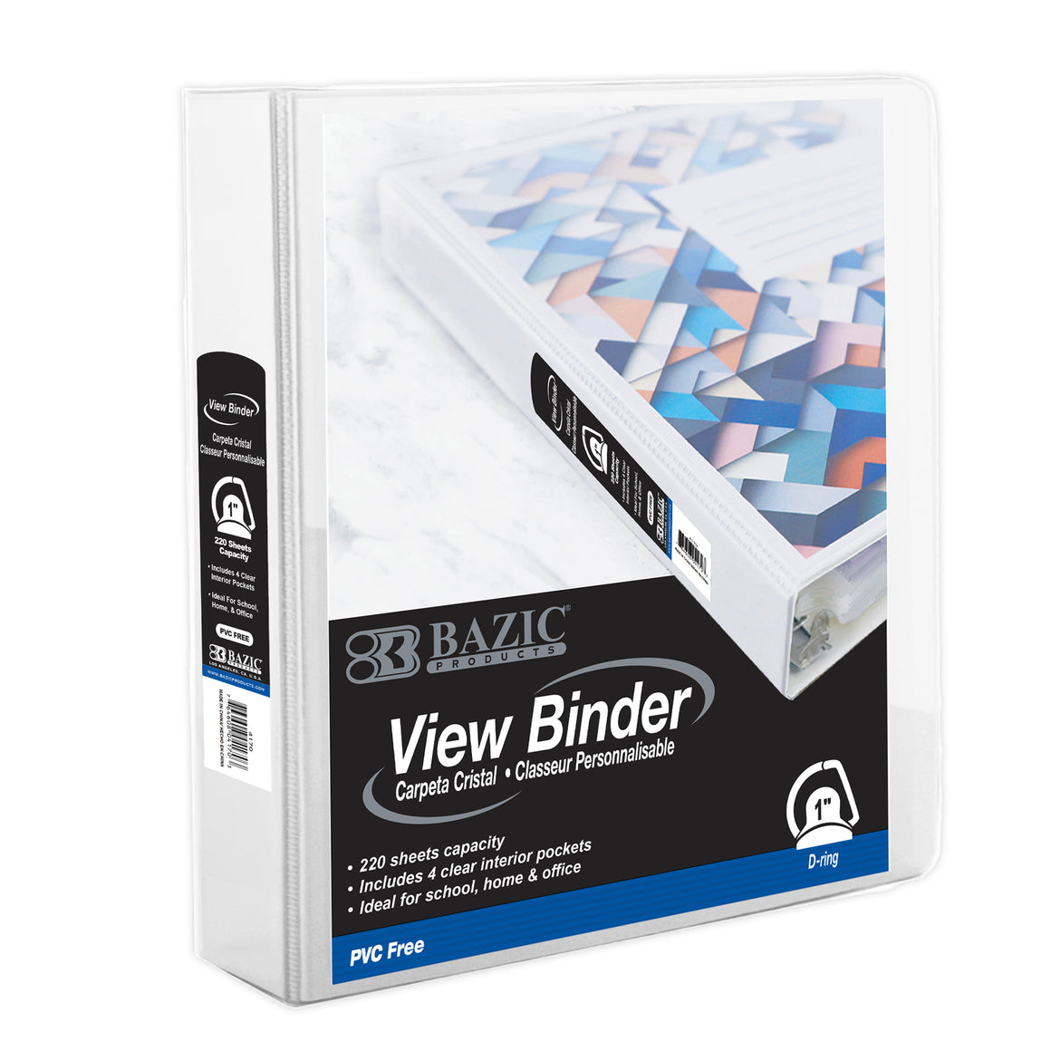 1" White PVC-Free Slant D-Ring View Binder w/ 4 Pockets