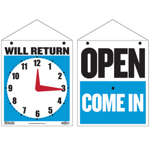 Clock Sign "WILL RETURN" w/ "OPEN" sign on back 7.5" X 9"