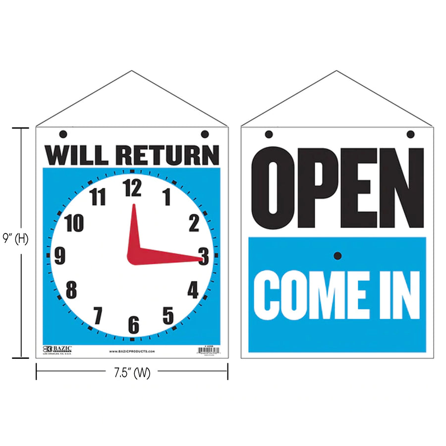 Clock Sign "WILL RETURN" w/ "OPEN" sign on back 7.5" X 9"