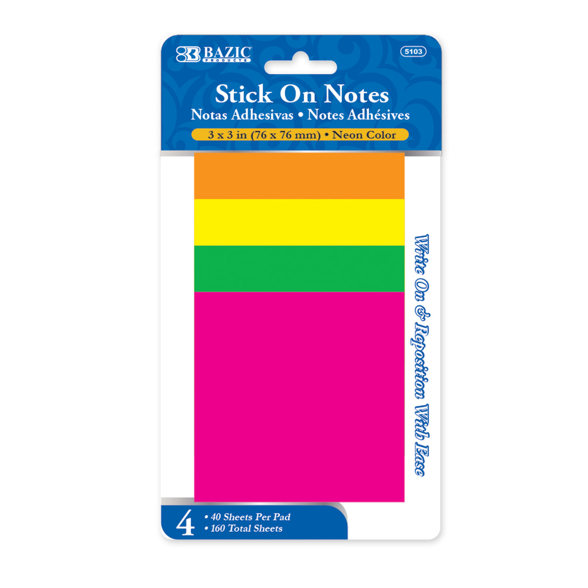 Stick On Notes 3" X 3" 40 Ct. (4/Pack) Neon