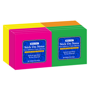 Stick On Notes 3" X 3" (Pack) Neon 90 Ct. (12/Shrink)