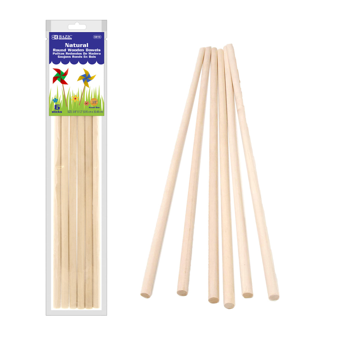 Wooden Dowel Round Natural 3/8" x 12" (6/Bag)