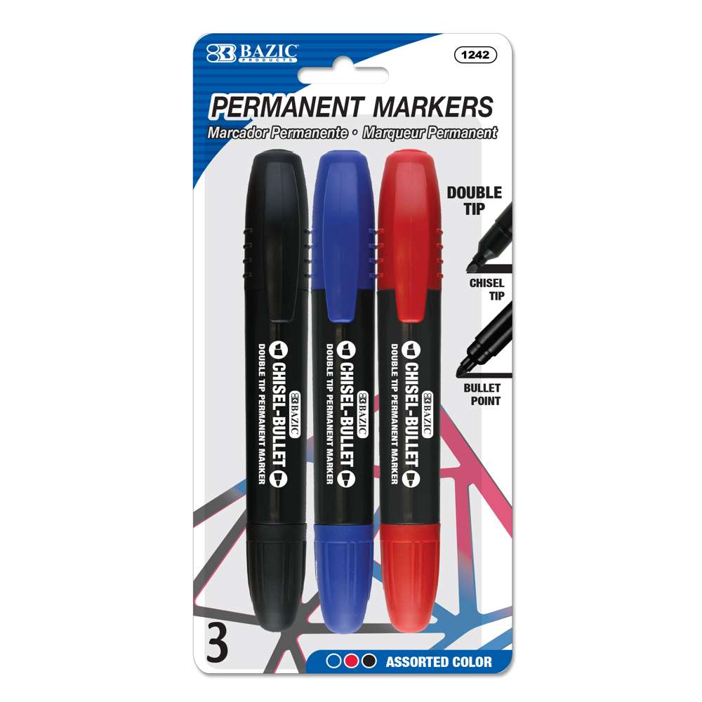 Retractable Permanent Marker, Fine Bullet Tip, Assorted Colors, 3