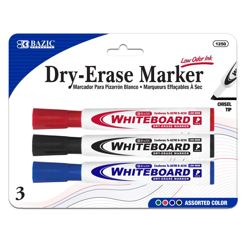 BAZIC Chisel Tip Assorted Color Dry-Erase Markers (3/Pack) - Bazicstore