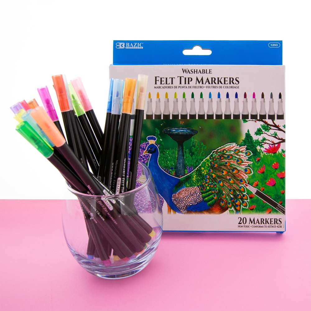 Felt Tip Washable Markers, 20 Colors - BAZ1293, Bazic Products