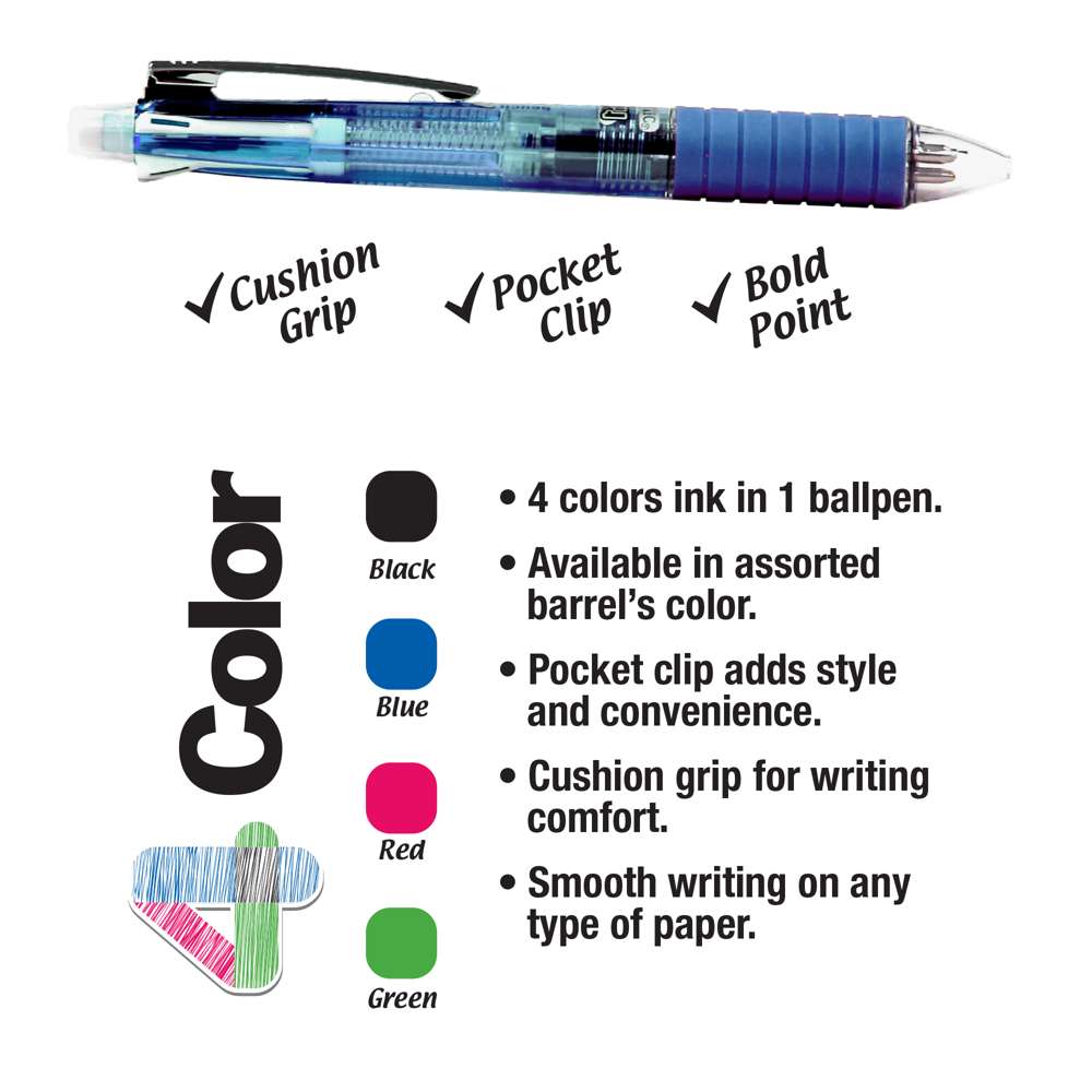 BAZIC Silver Top 4-Color Pen w/ Cushion Grip (2/Pack) Bazic Products