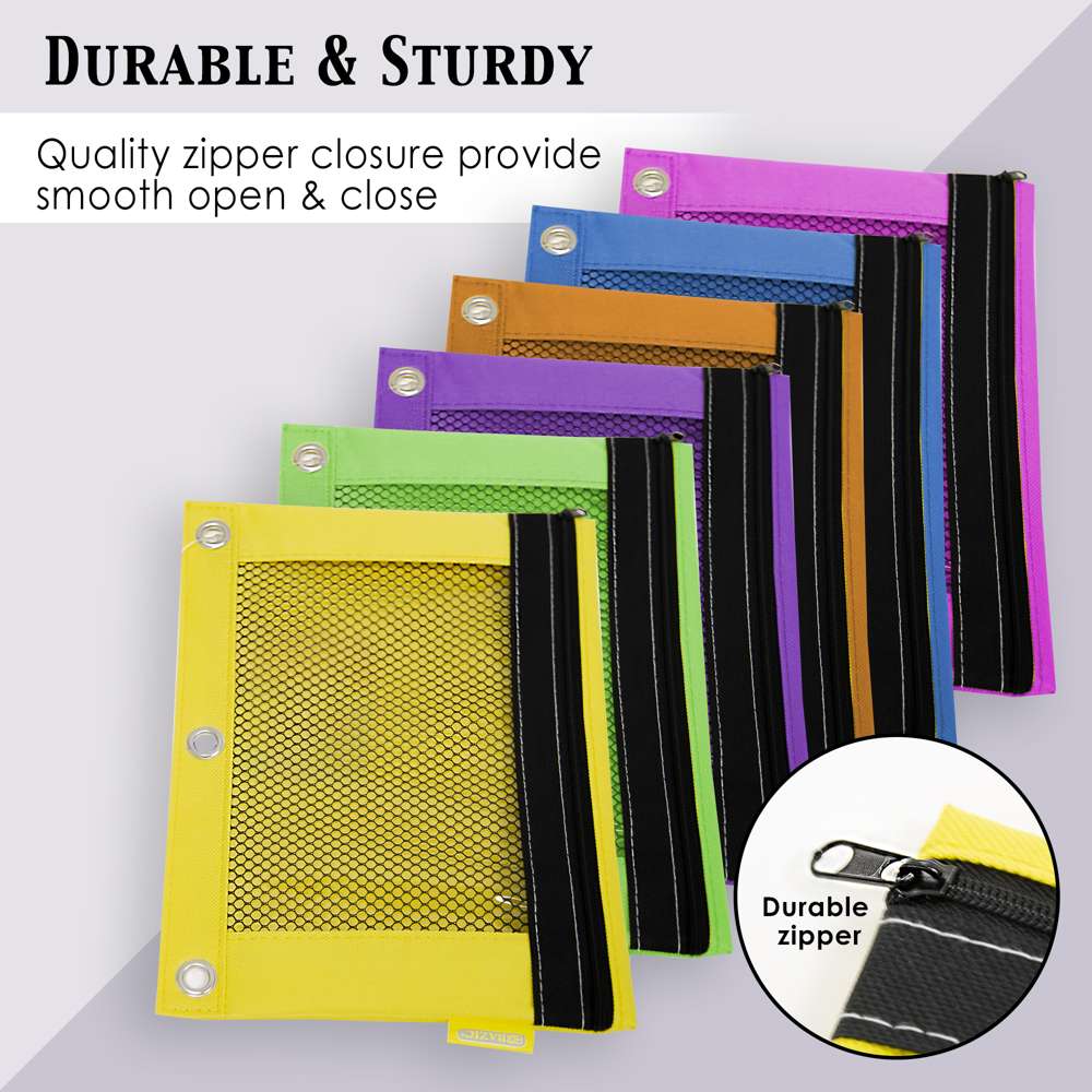 10 x 7.5, 3 Ring Pencil Pouch With Mesh Window (4 colors, PDQ of 24)
